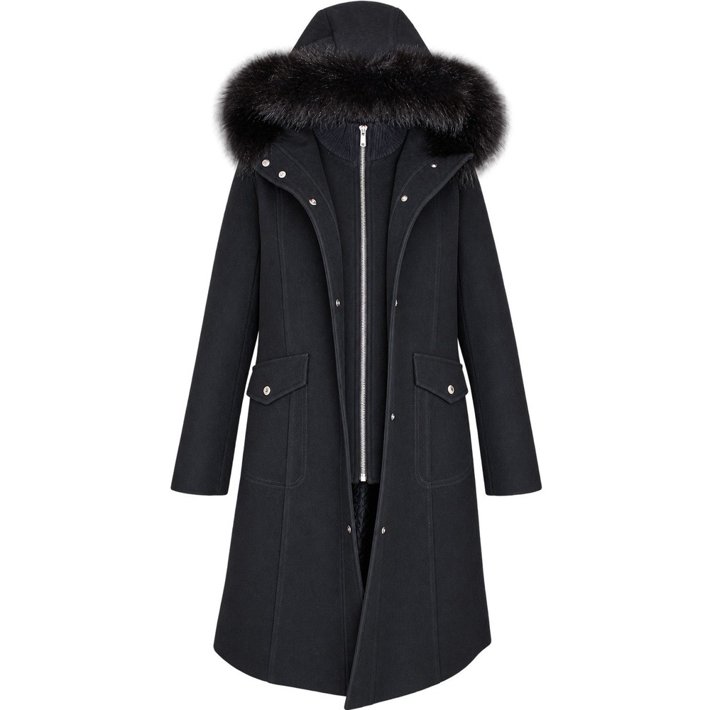 Michael Kors 100% Wool Coat Genuine Fox Fur Hood Black Size 14P EUC